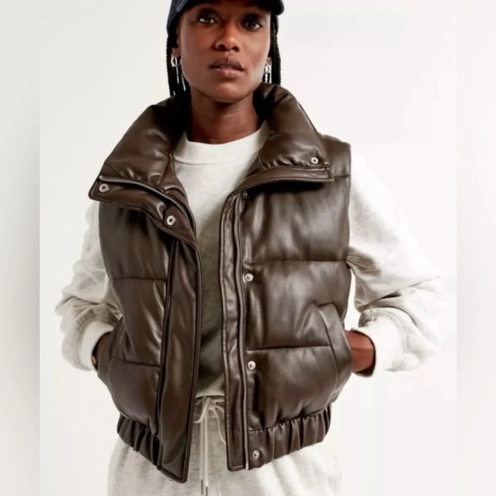 Abercrombie & Fitch Ultra Collection Vegan Leather Brown Puffer Vest Size XS